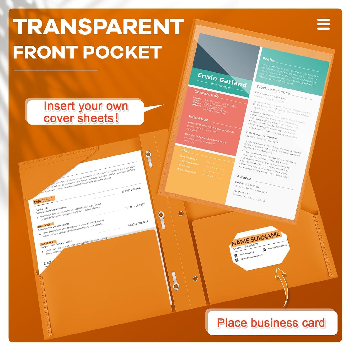 Henoyso 72 Pcs Plastic Folder with Clear Front Pocket and 3 Prong Plastic Folders with Card Slot Pocket Folders with Prongs for School Office (Orange)