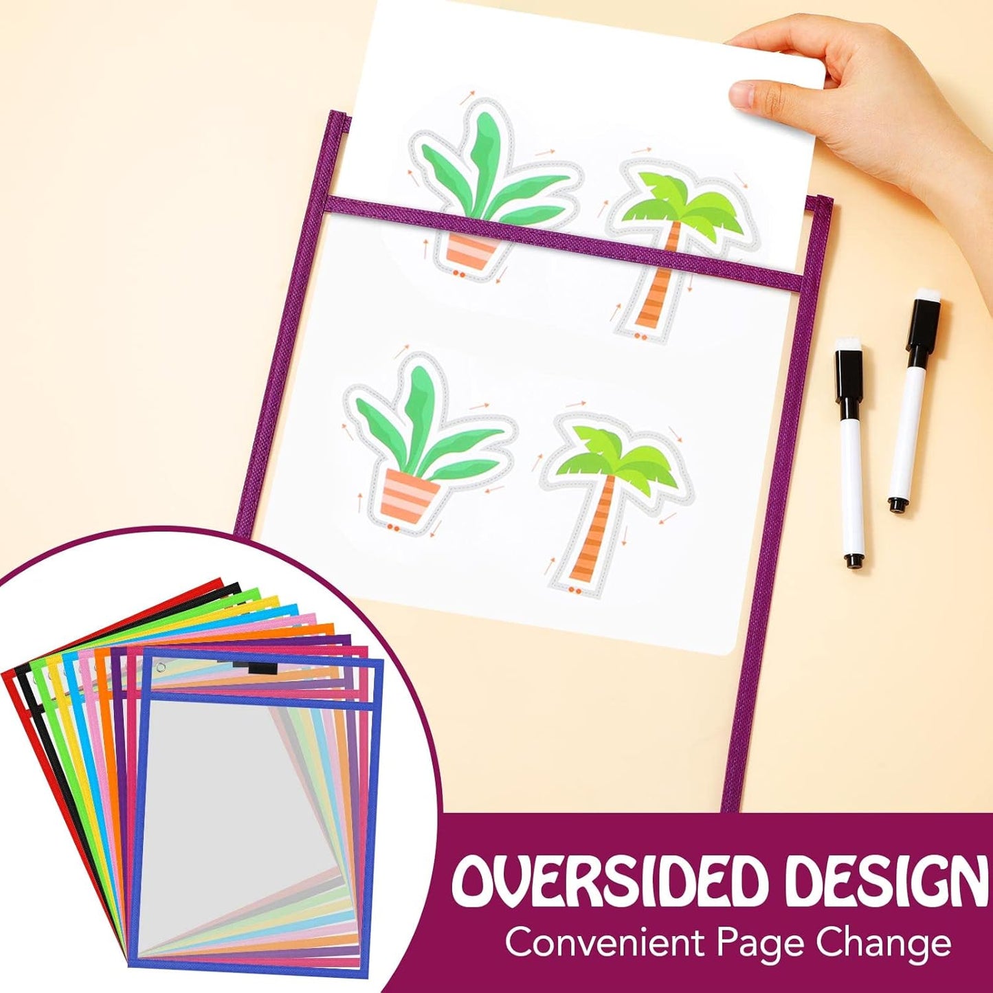 Teling 150 Pcs Dry Erase Pockets Bulk Reusable Job Ticket Holders Clear Plastic Sleeve Protector Work Order Sleeve Shop Ticket Holder for Welcome Teacher Back Office Supplies(10 x 14'',Multicolor)