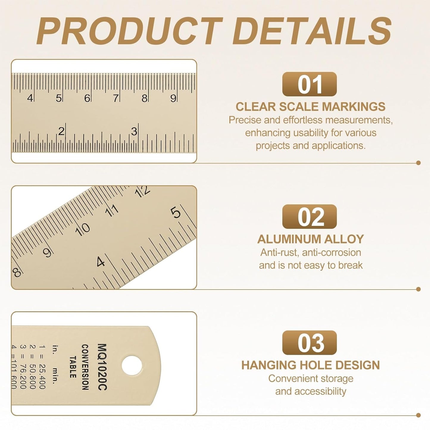 HARFINGTON 4pcs Metal Straight Ruler 30cm Metric SAE Aluminum Alloy Measuring Rulers Scale Tool with Hole for Measure Study Reading Classroom Office, Beige