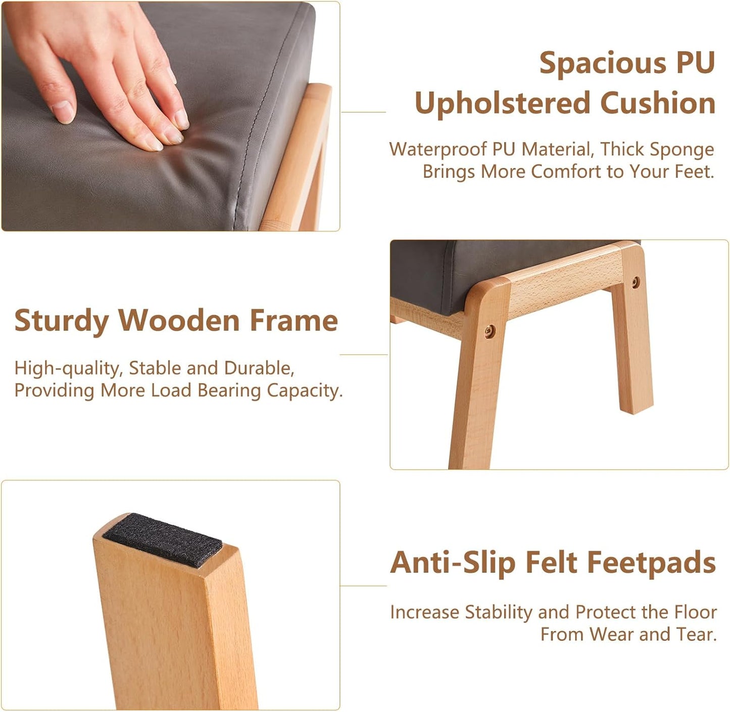 IBUYKE 10.2” H Small Foot Stool Ottoman, Rectangle PU Faux Leather Foot Rest with Padded Seat and Wood Legs, Modern Accent Ottoman Foot Rest for Living Room Bedroom Couch Office, Grey WBD013G