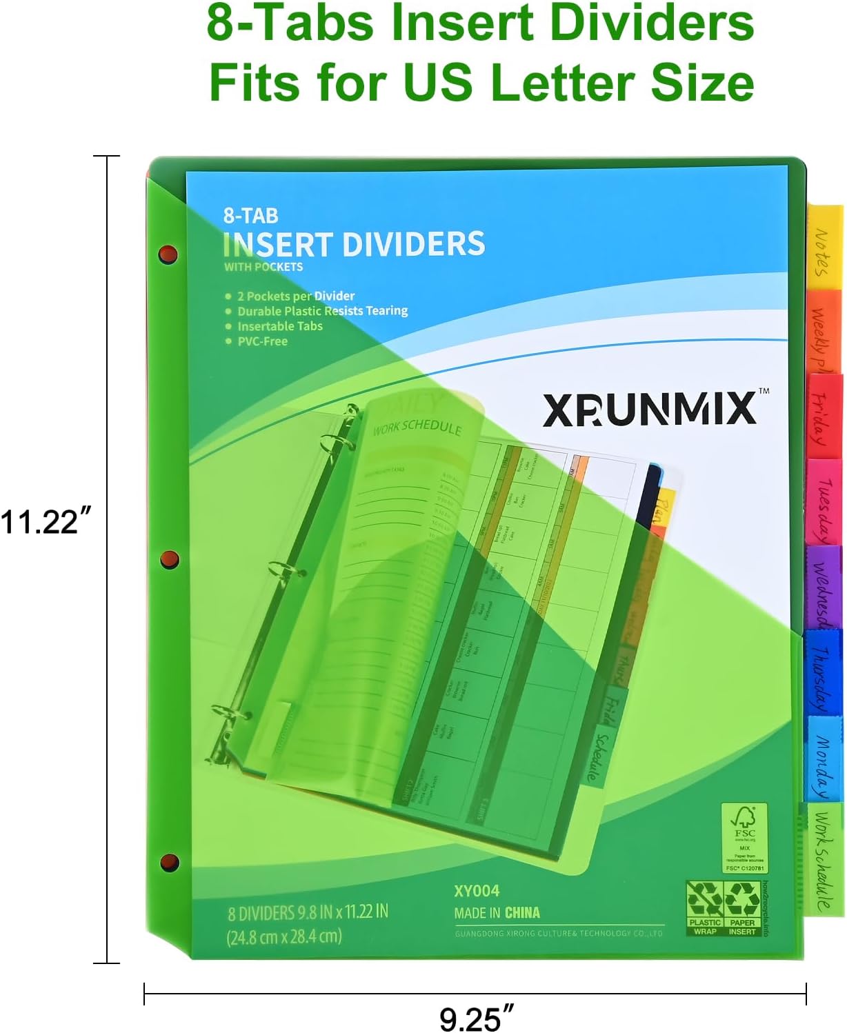 8-Tab Binder Dividers - Index Pockets Divider for 3 Ring Binders, 3-Hole Plastics Sheets Protectors for US Letter Size in 0.5'', 1'', 2'', 3 inch Binders, 8 Colors (XY004) (6 Packs)