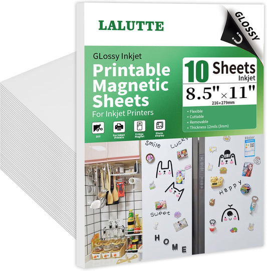 10Pcs Printable Magnetic Sheets 8.5x11 Inches for Inkjet Printers, Glossy White Magnetic Print Paper, 12mil Thickness, Flexible Magnet Photo Paper for Refrigerator DIY Crafts
