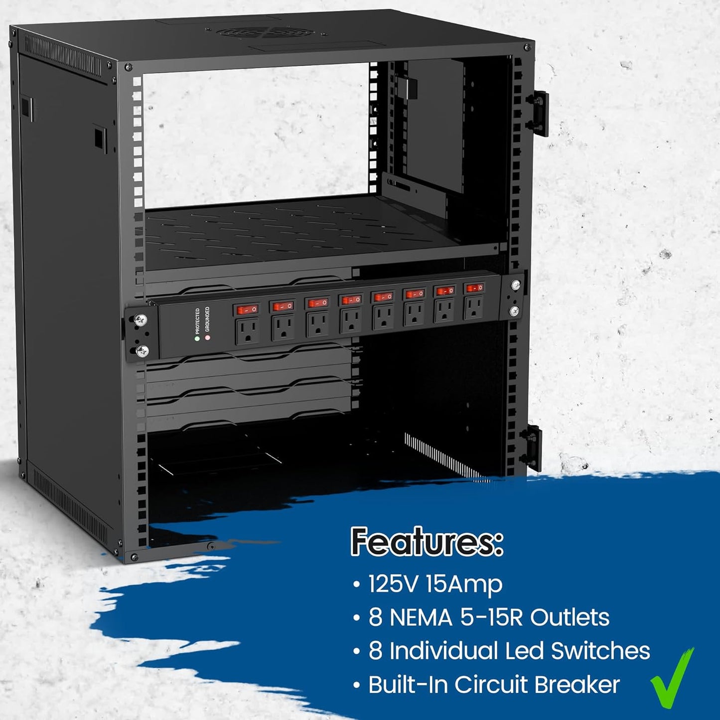 Rack Mount Power Strips,8 Outlet Strips Surge Protector with Individual Switches, PDU Power Strip for Server Racks, 14AWG Heavy-Duty Braided Extension Cord,2700J,15A 125V 1875W (6 FT Cable)