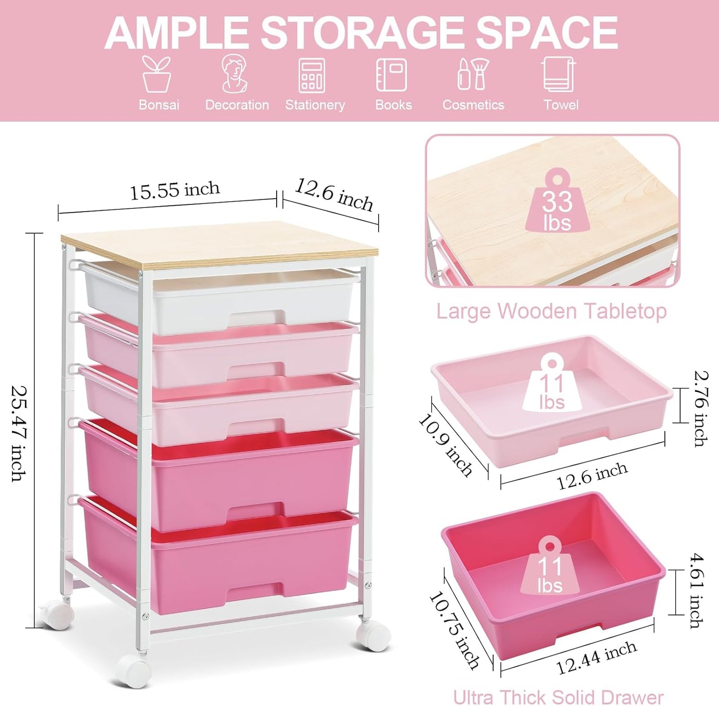 Utility Cart with 5 Drawers,Storage Drawer Cart with Wooden Tabletop and Lockable Wheels,Craft Storage Trolley Cart,5-Tier Rolling Utility Cart on Wheels,Rose Pink