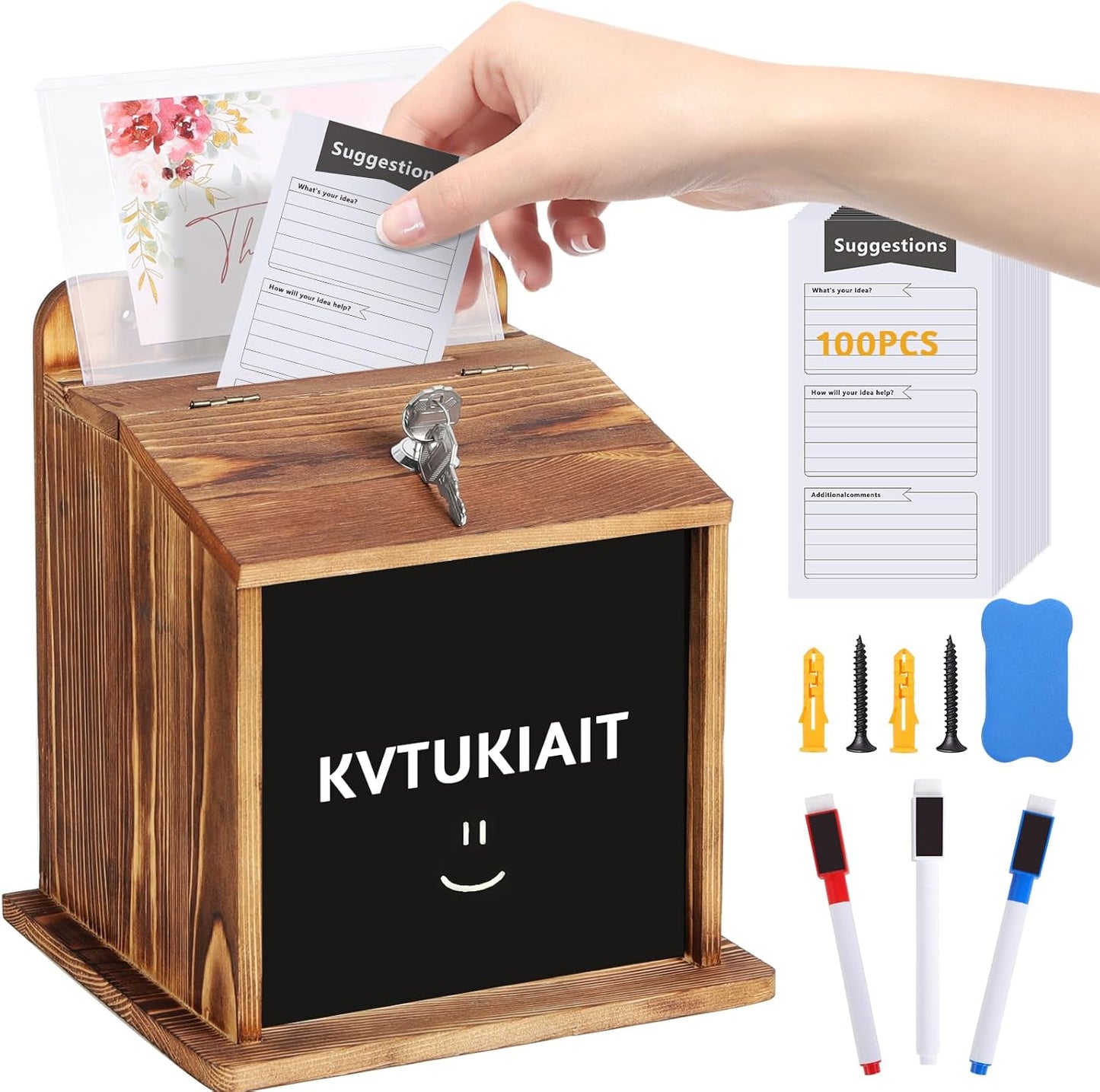 Suggestion Box with Slot Lock with 100 Suggestion Cards - Ballot, Donation, Comment Drop Box for Church, Office, Wedding - Wall Mount/Countertop