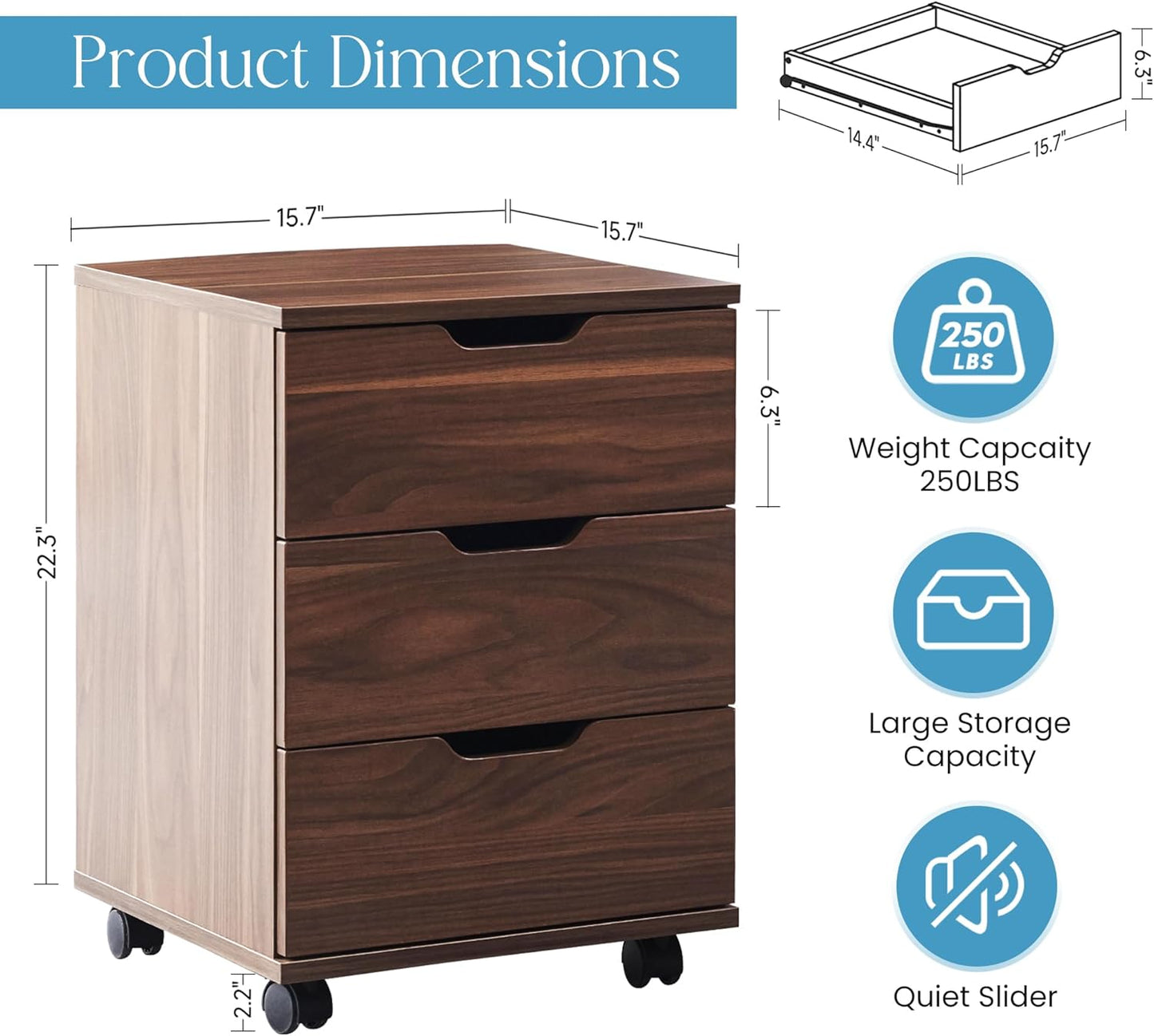 Farini 3-Drawer Under Desk Wooden File Storage Cabinet with Lockable Caster for Home Office,Brown,Required Assembly