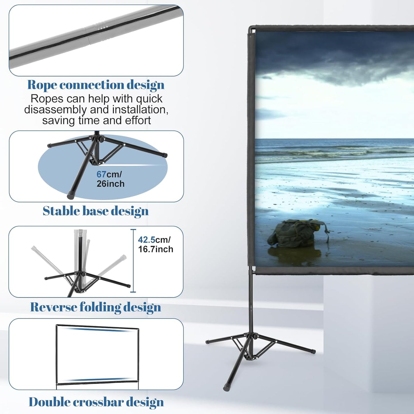 Projector Screen with Stand, Qoolfoto 100 Inch Portable Projector Screen & Tripod, Indoor Outdoor Projection Screen 16:9 4K HD Wrinkle-Free Movie Screen with Carry Bag for Backyard Party Home Theater