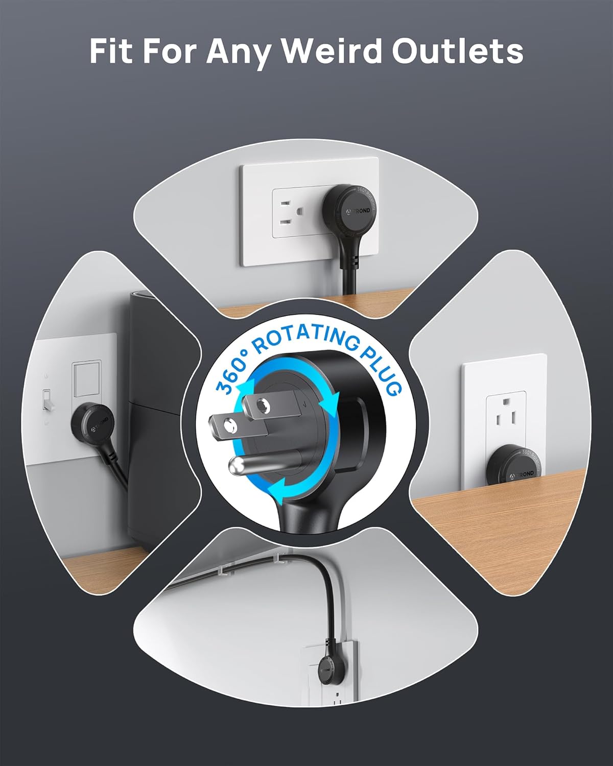 TROND 360° Rotating Flat Plug, Surge Protector Power Strip, 13AC Widely Spaced Outlets Expansion with 3 USB C Ports, 4000J, 5ft Extension Cord Heavy Duty, Wall Mount, Under Desk, ETL Listed, Black