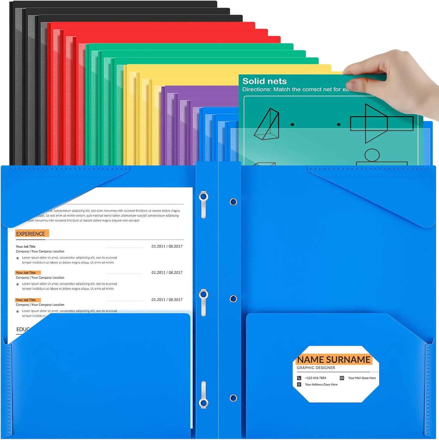 Henoyso 18 Pcs Plastic Folder with Clear Front Pocket and 3 Prong Plastic Folders with Card Slot Pocket Folders with Prongs for School Office (Colorful)
