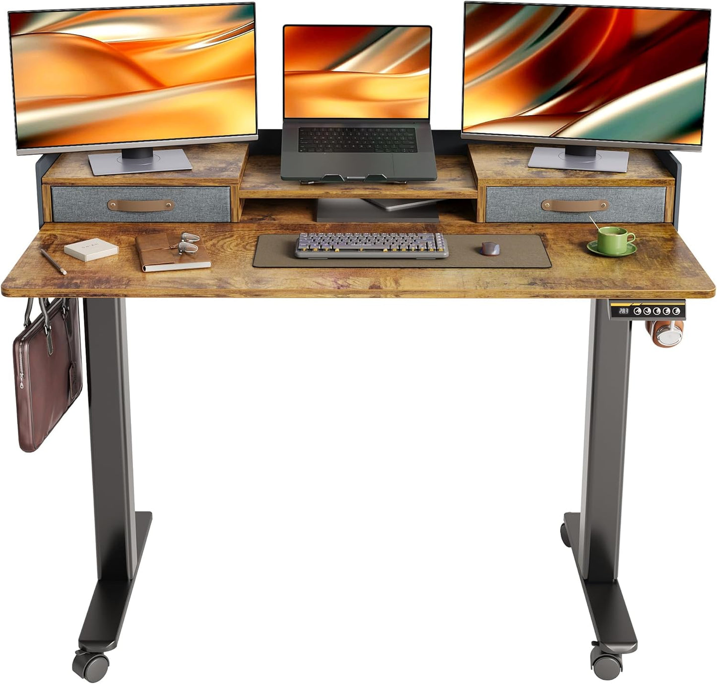 YDN Standing Desk with Drawers, 55 Inch Standing Desk Adjustable Height, Adjustable Electric Stand Up Sit Stand Small Desks with Storage and Shelf, Rustic Brown