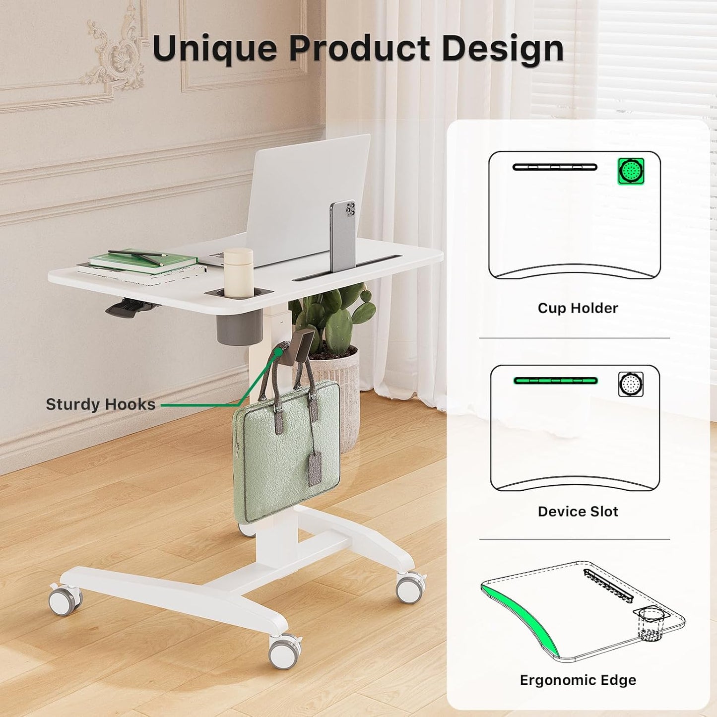 Mobile Standing Desk, Height Adjustable Rolling Laptop Desk, 27 inches Portable Sit Stand Desk with Wheels and Hook, Pneumatic Computer Table, White