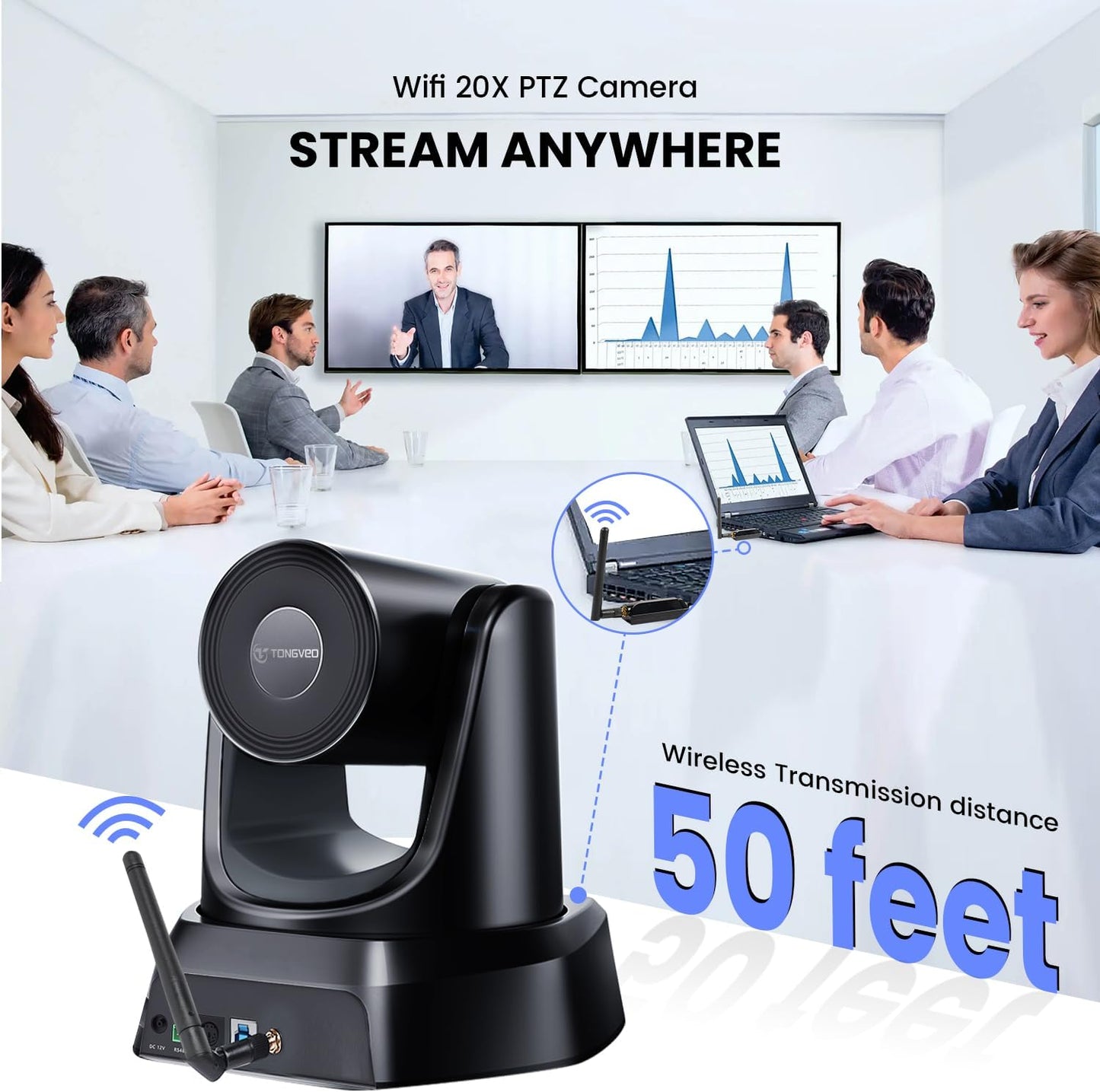 Wireless Conference Room Webcam, Church Live Streaming 20X USB 1080P 60fps PTZ Camera for Worship Services Online Conference, Works with Zoom, Skype OBS Easy to Set Up