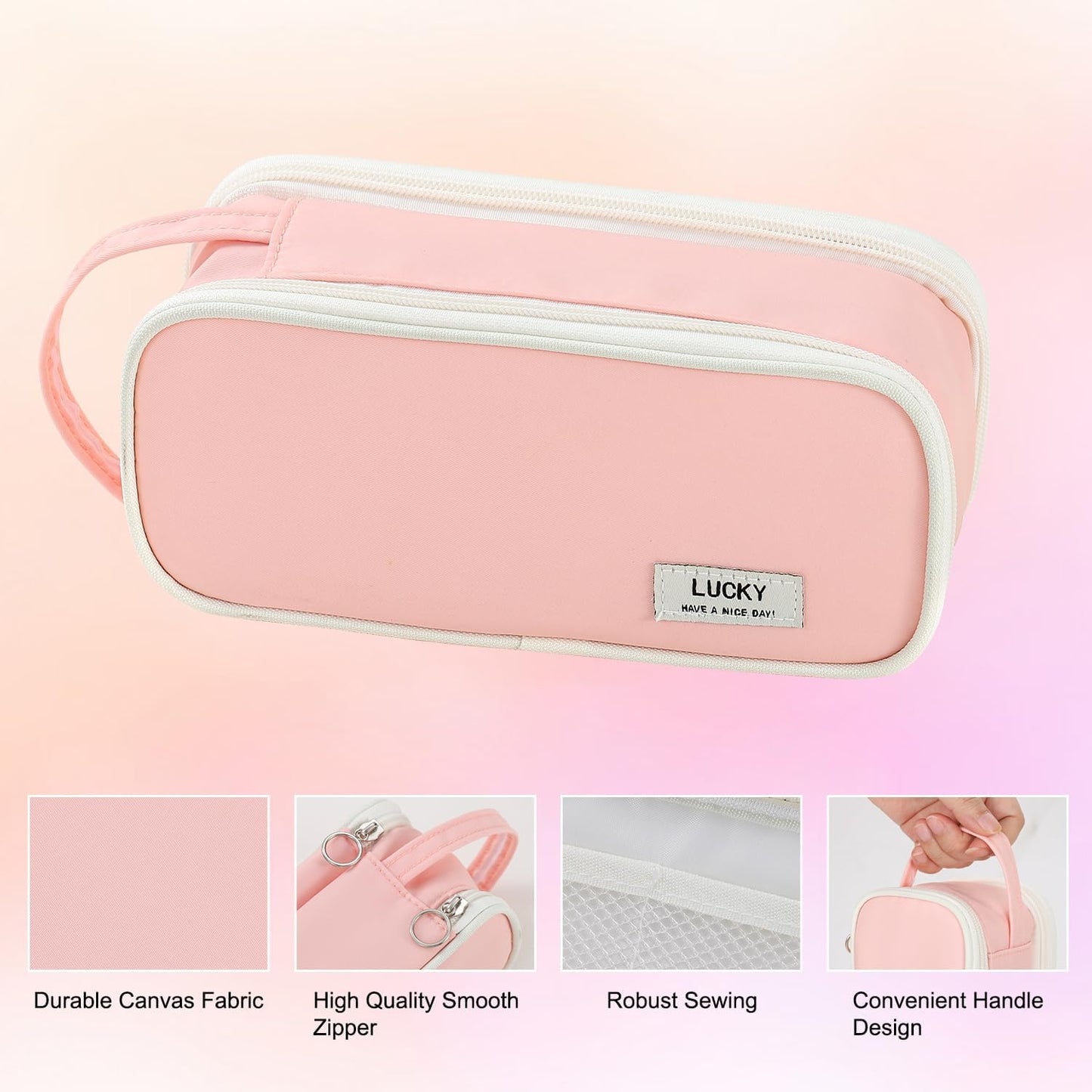 Pencil Case Large Zipper Pencil Pouch for Girls Kids Teens Adults Aesthetic Pencil Bag Stationery Organizer Pencil Case with Handle for School Pink