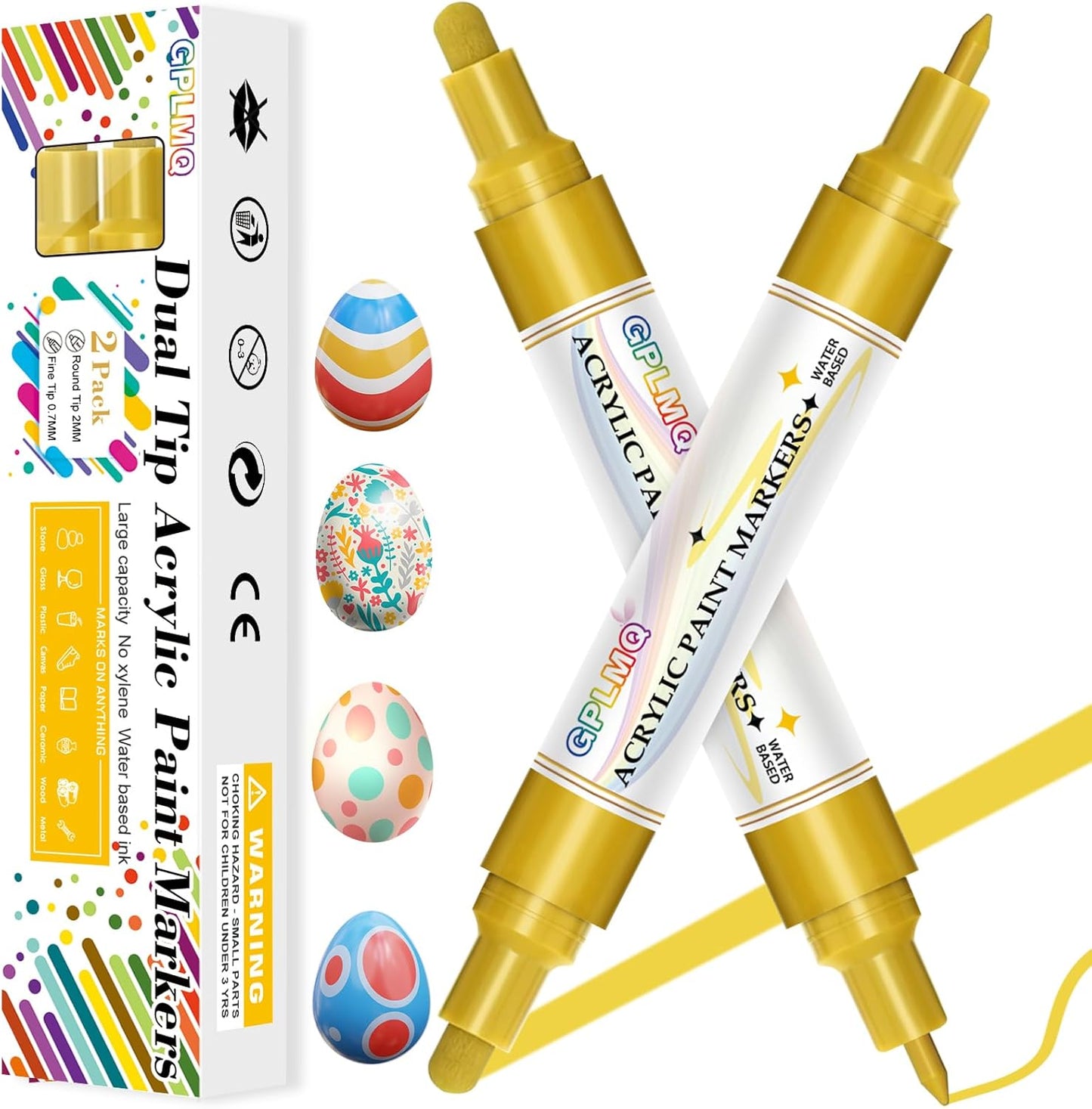 Paint Markers Paint Pens - 2 Pack Dual Tip Acrylic Permanent Marker (0.7mm & 3mm), Non-Toxic, Water-Based for Art Painting, Stone, Ceramic, Glass, Wood, Fabric, Metal, DIY Crafts (Gold)