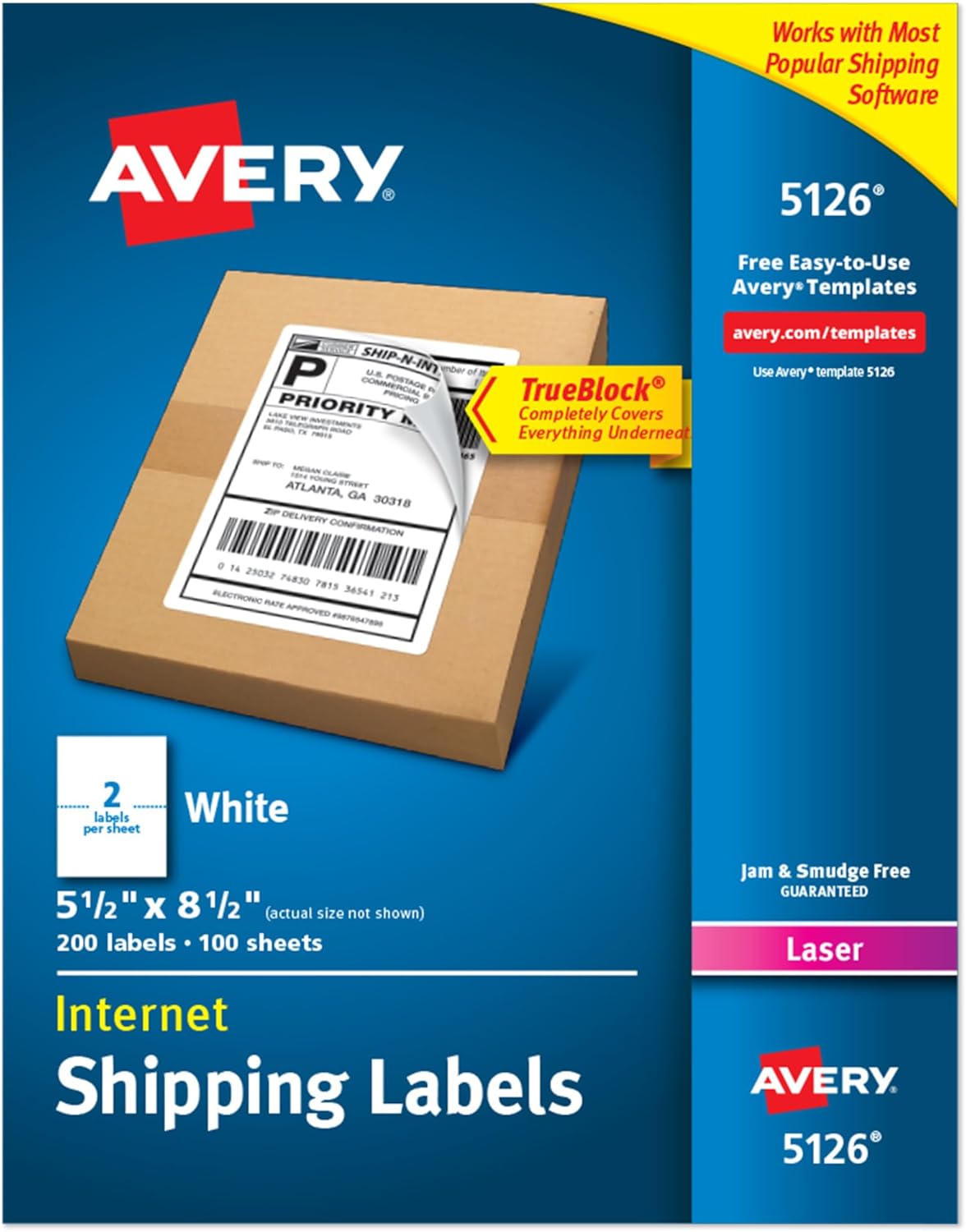 Avery Half-Sheet Printable Shipping Labels, 5.5" x 8.5" Customizable Stickers, White, 200 Blank Mailing Labels, Great for Mailing, Shipping, Organizing, and More (5126)