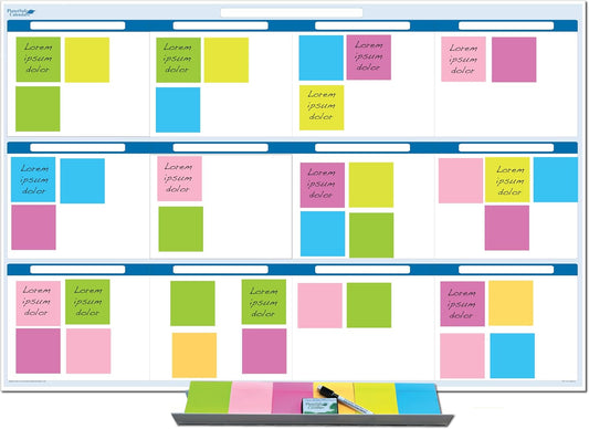 Sky Blue 12 Section Task, Objective and Goals Planning System Horizontal 24" Tall x 36" Wide. Wall Tray, Dry-Erase Marker, Eraser and 600 Sticky-Notes