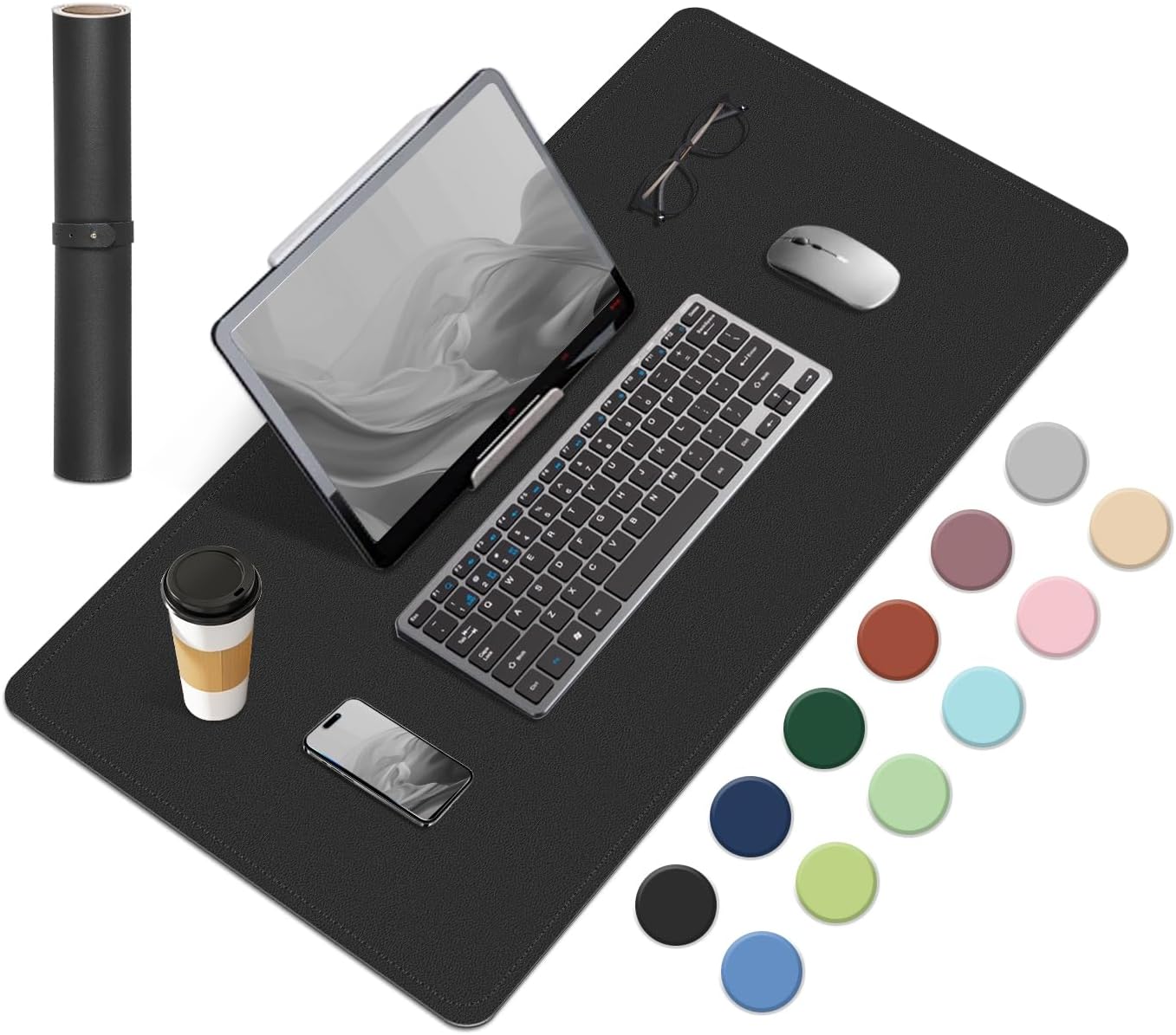 Dual-Sided Desk Pad, Natural Cork & PU Leather Mouse Pad for Desk, Desk Pad Protector, Non-Slip Desk Mat for Office and Home Work, (Black, 23.6" x 13.7")