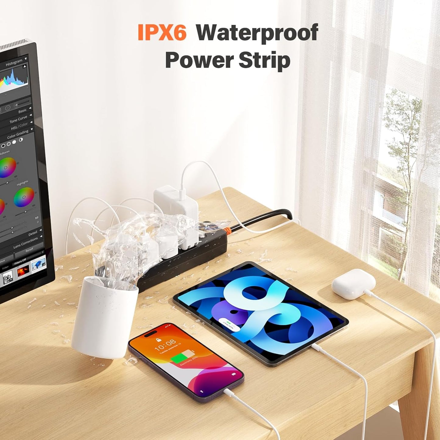 Power Strip Weatherproof, Surge Protector with 4 Wide Outlets, 1875W/15A Overload Protection Switch, 6FT Flat Plug Multi-Plug Outdoor Extension Cord for Indoor Outdoor, UL FCC Listed