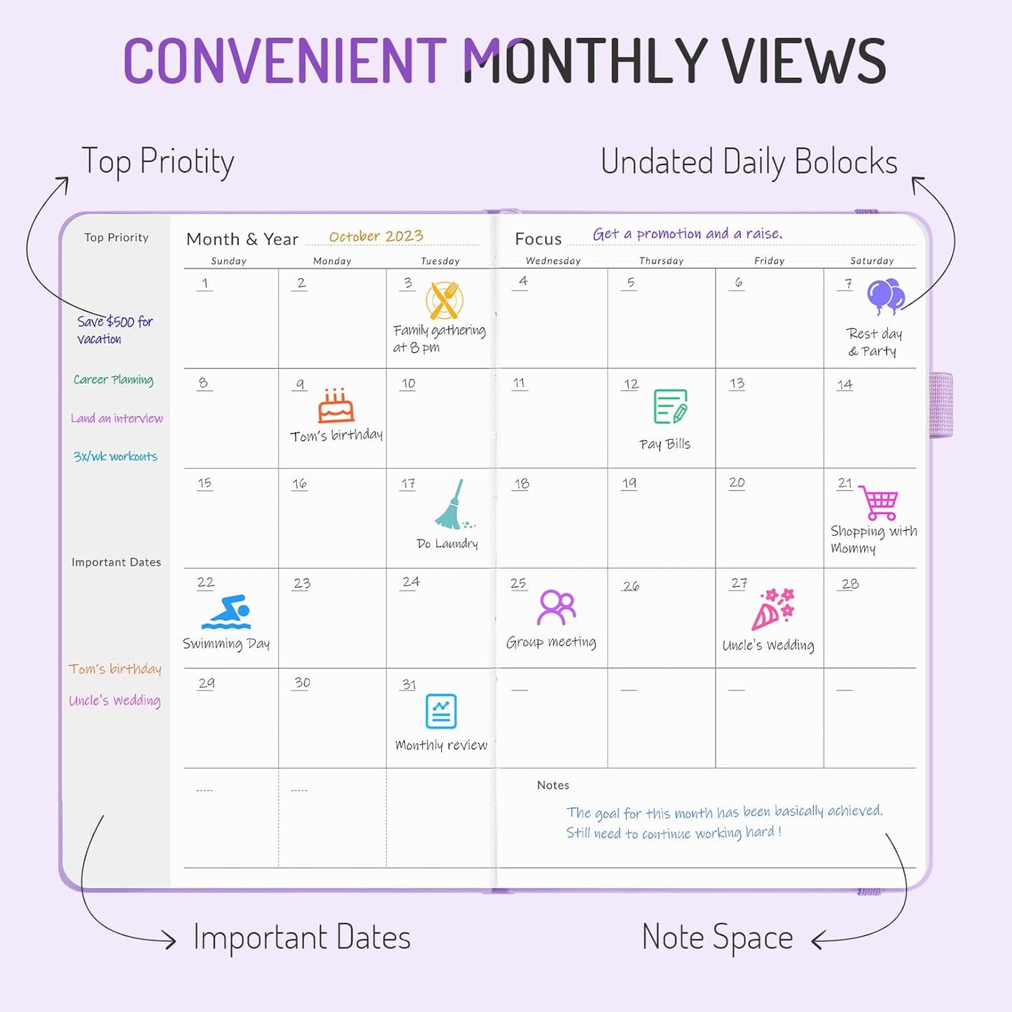 Undated Weekly Planner for 2025, Forvencer Simplified Weekly & Monthly Calendar Planner, Cute Daily Organizer Notebook, Agenda Journal to Track Goals & Tasks, Start Anytime, A5 Size, Lilac