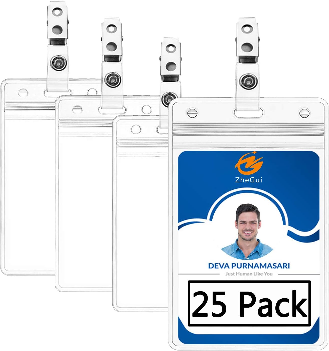 ID Badge Holder with Clip on Name Badge Holder Vertical Clear Plastic Name Tag Holders by ZHEGUI (25Pack, Vertical 3.5X2.3)