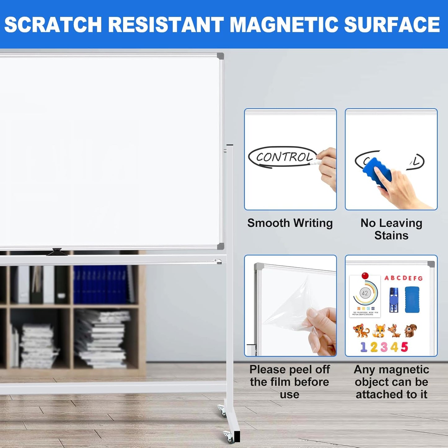 Magnetic White Board Dry Erase Whiteboard with Rolling Stand 72"x48" Double-Sided Mobile Large White Board on Wheels, Including 3 Magnetic Erasers, 7 Markers, 30 Magnets