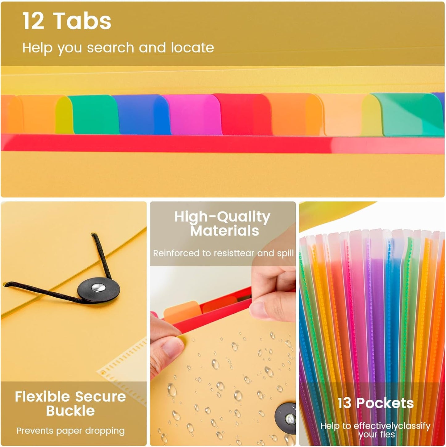 13 Pocket Expanding File Folder Accordian File Organizer, A4 Letter Size Paper Document Receipt Holder for School Office Supplies, Yellow