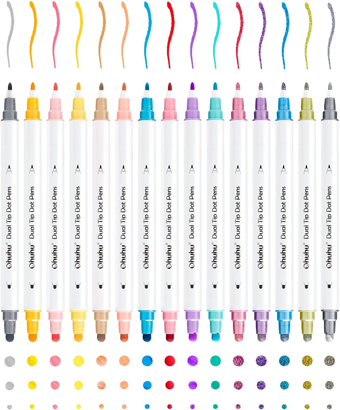 Ohuhu Dual Tip Dot Markers: 15 Colors Dot Marker Pens (Fine & Dot) for Kids Adults Water-Based Ink Metallic & Regular Colors Dot Pens for Journaling Scrapbooking DIY Highlighting Drawing Markers
