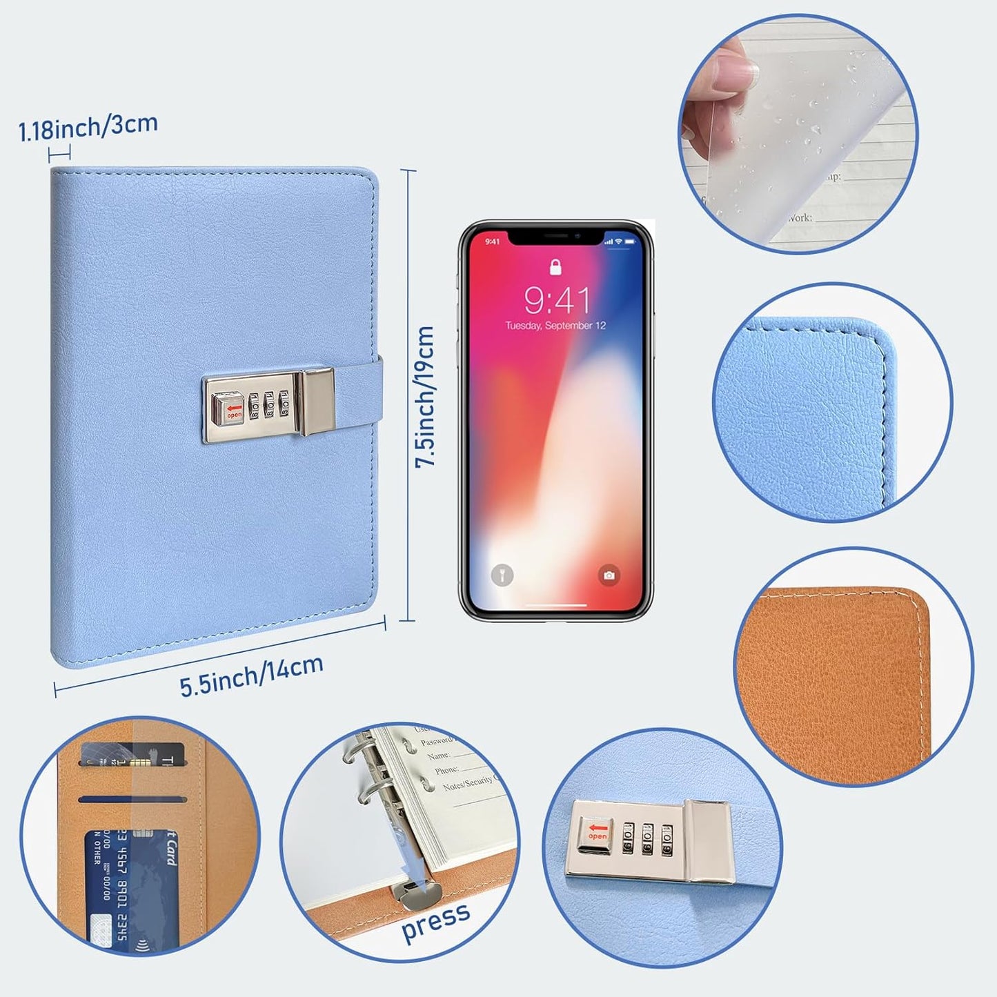 BTSFTOGET Refillable Password Book Binder with Alphabetical Tabs and Lock, 576 Passwords Large Print, 316 Pages Password Keeper for Computer & Website Logins & Phone, Blue PU Hardcover, 7.5in x 5.5in