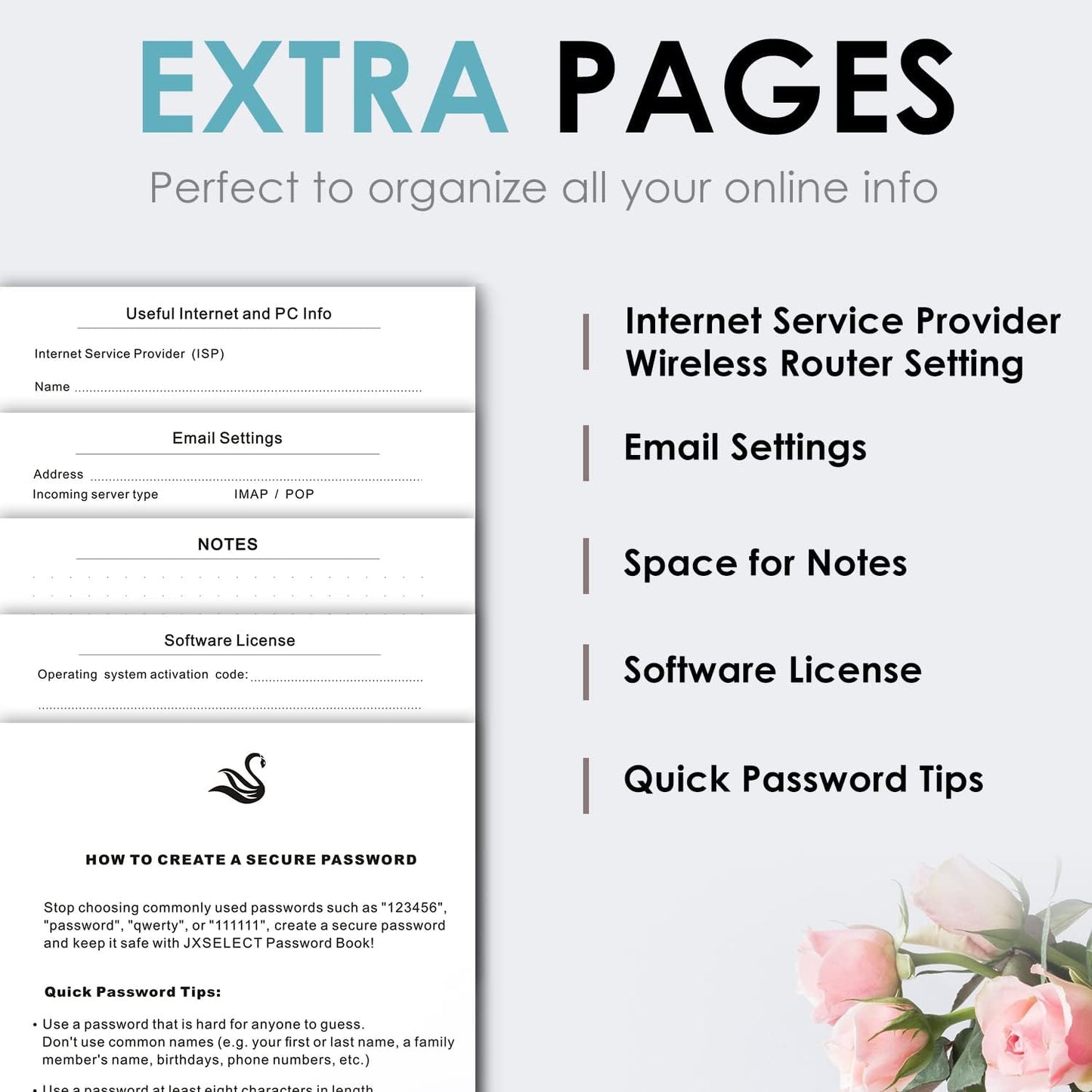 Elegant Password Book with Alphabetical Tabs - Hardcover Password Book for Internet Website Address Login - 5.2" x 7.6" Password Keeper and Organizer w/Notes Section & Back Pocket (Turquoise)