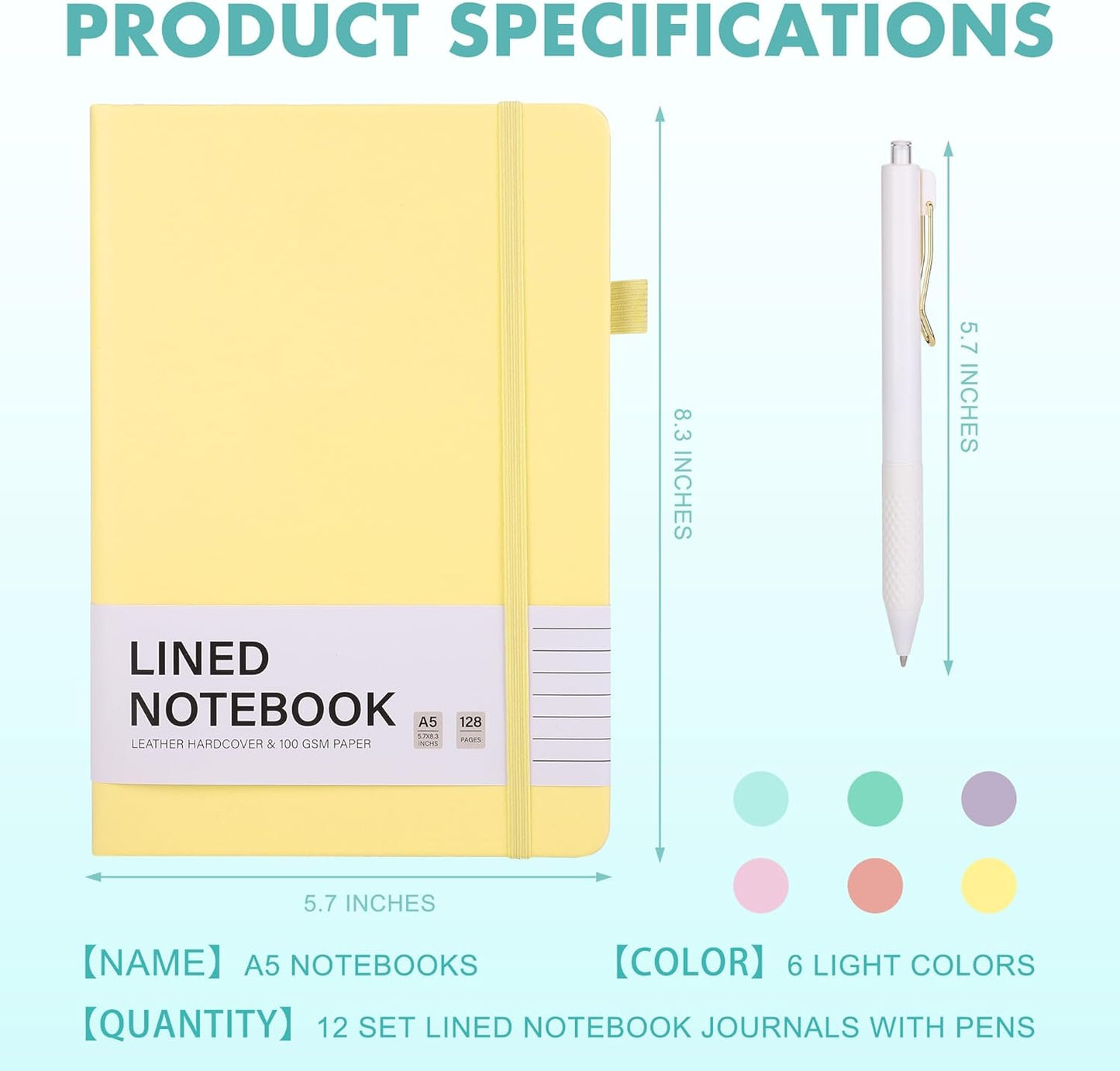 Aodaer 12 Set Lined Notebook Journals with Pens A5 Notebooks 100 GSM College Ruled Hardcover Notebook PU Leather Notepad with Pen Holder for Office School, 5.7 x 8.3 Inches, Light Multicolor