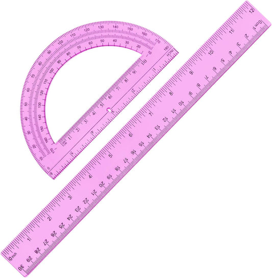 Zonon 2 Pack 12'' Plastic Ruler and 6'' Plastic Protractor Set Clear Ruler Protractor Set Math Geometry Supplies for School Classroom Home Office Drawing(Pink)