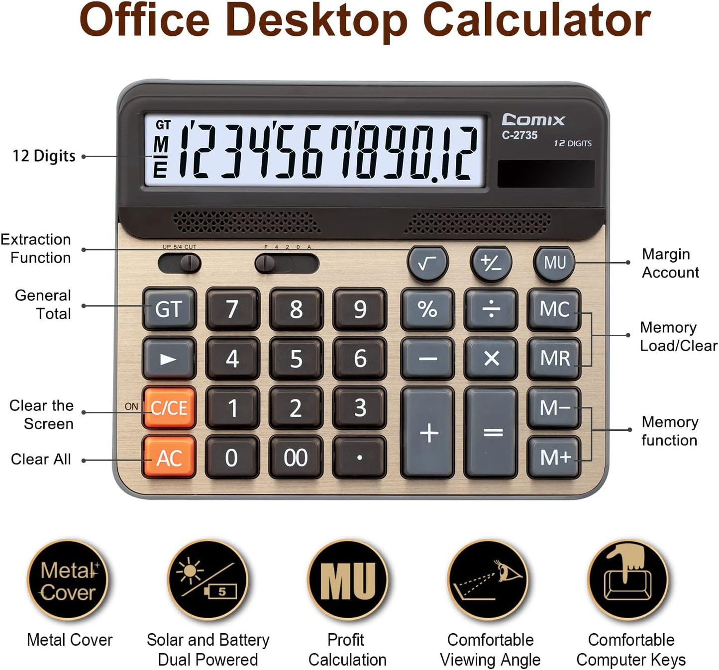 Comix Desktop Calculator, Large Computer Keys, 12 Digits Display, Champaign Gold Color Panel, C-2735