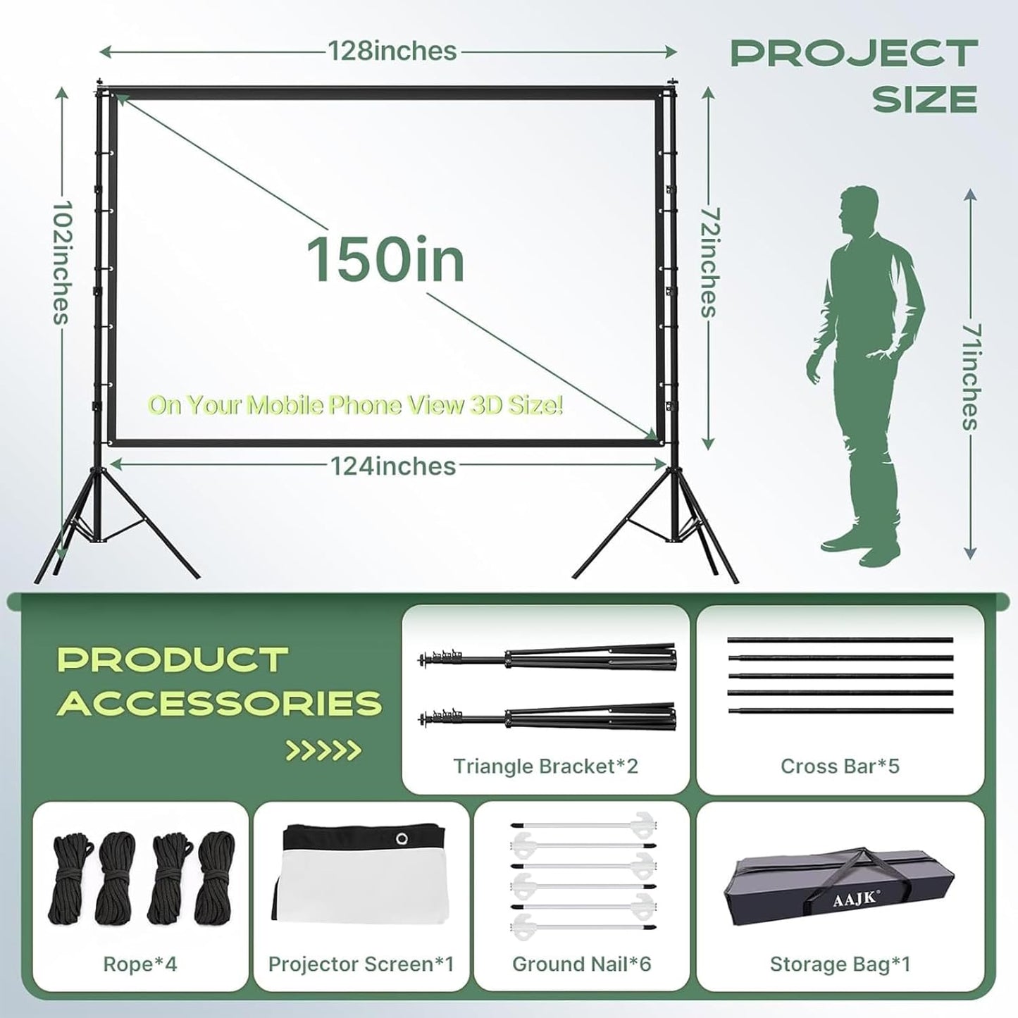 AAJK 150in Projector Screen with Stand,Portable 16:9 4K HD Indoor Outdoor Projection Screen with Wrinkle-Free Design, Ideal for Home Theater and Backyard Cinema – Includes Carry Bag