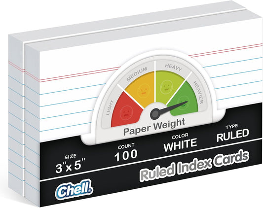 Chell Extra Heavyweight Ruled Index Cards 3x5 Inch, No Bleed-Through, 100 Count, Ruled Front and Blank Back, 85 lb. Cover Weight, White