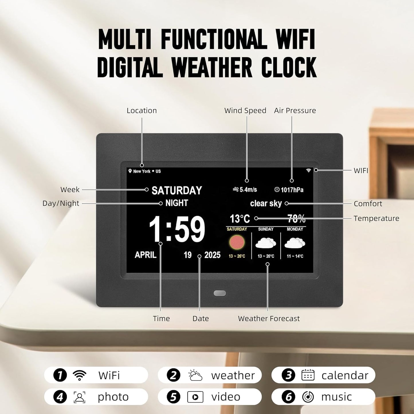WiFi Digtial Wall Clock,Desk Clock with Weather Temperature Humidify,10 Day Weather Forecast,Weather Station with Digital Calendar and Dementia Alarm clockx for Seniors.(Black, 7 inches)