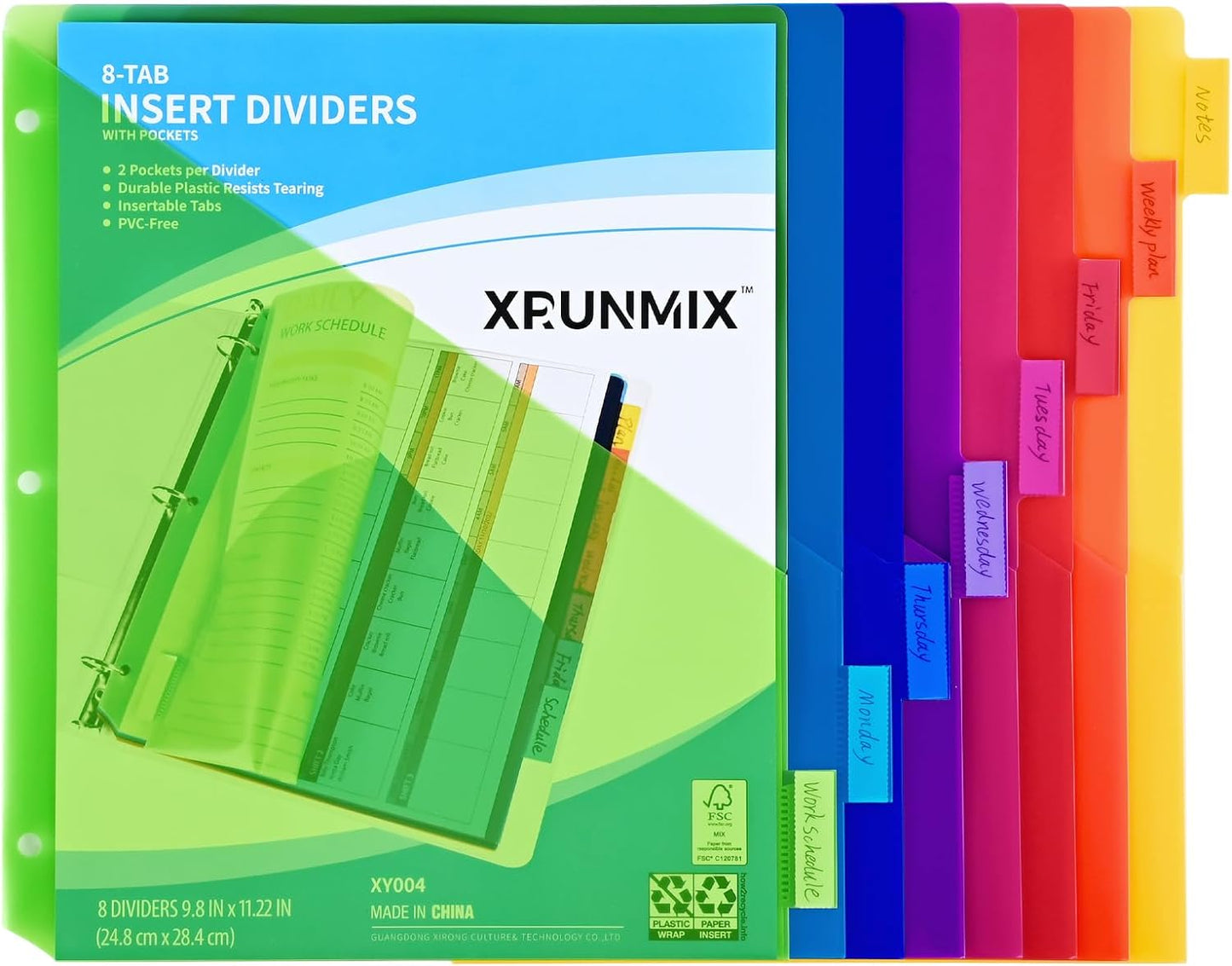 8-Tab Binder Dividers - Index Pockets Divider for 3 Ring Binders, 3-Hole Plastics Sheets Protectors for US Letter Size in 0.5'', 1'', 2'', 3 inch Binders, 8 Colors (XY004) (1 Pack)