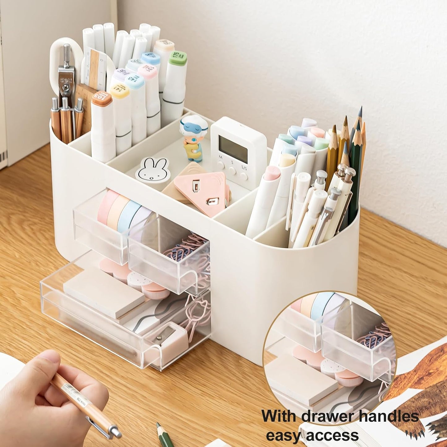 INSTOME Pencil Pen Holder for Desk with 3 Drawers - All-In-One Desk Organizer - Perfect Desk Accessories for Office Use - Stylish & Convenient Desk Organizers and Accessories (Beige)