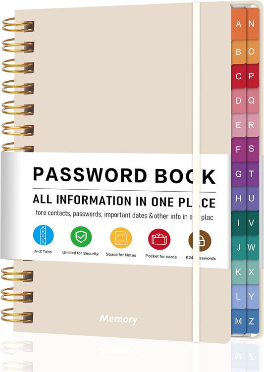 Spiral Password Book with Alphabetical Tabs – 4" X 5.5" Small Password Keeper Book with Inner Pocket for Seniors , Large Print, Hardcover, 468 Logins – Internet Password Organizer Notebook for Home & Office Use