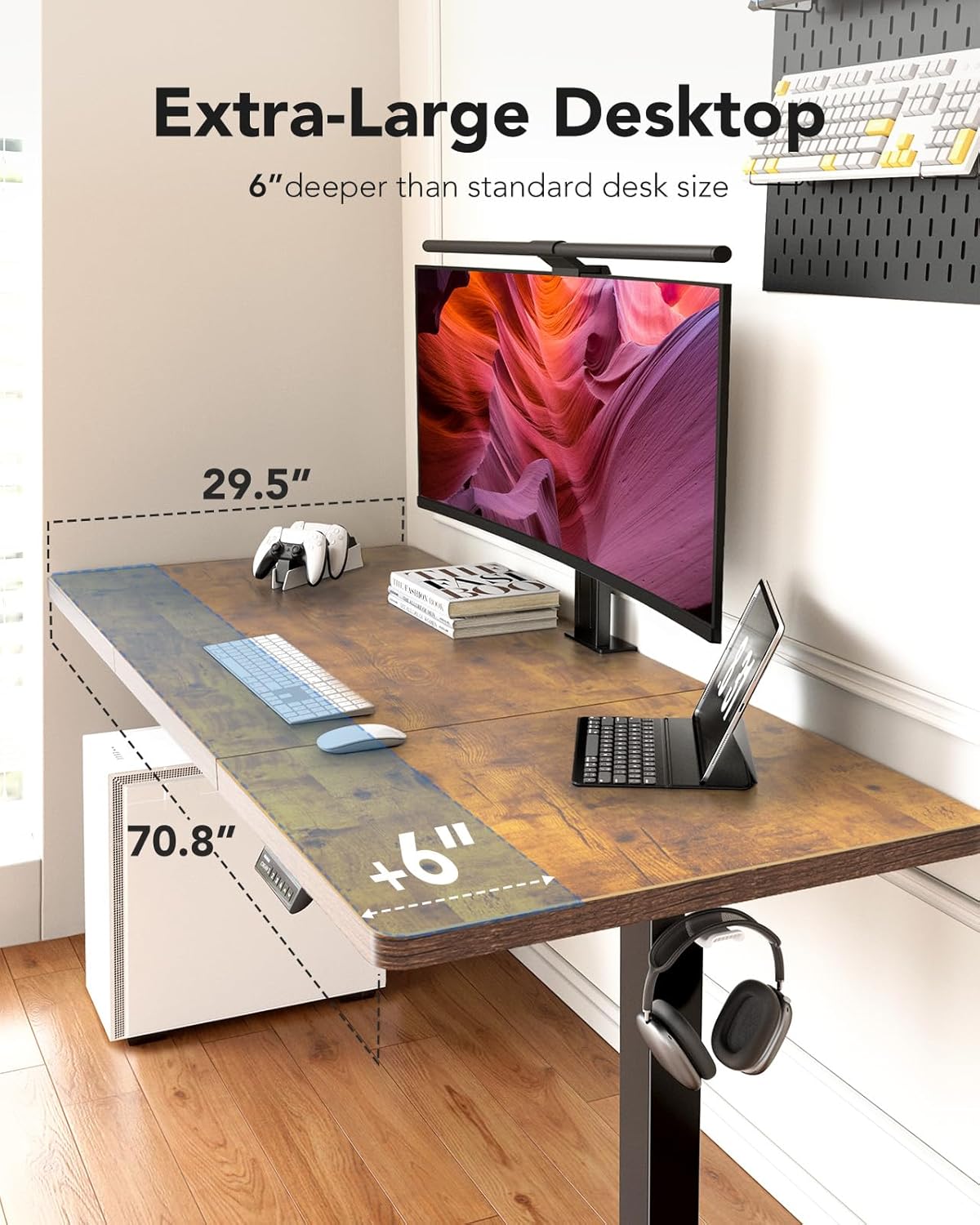 HUANUO 71 x 30 inch Electric Standing Desk, Powerful Brushless Motor Large Height Adjustable Table, 4 Memory Preset Sit Stand Up Desk, Home Office Computer Table with Thick T-Shaped Frame, Vintage