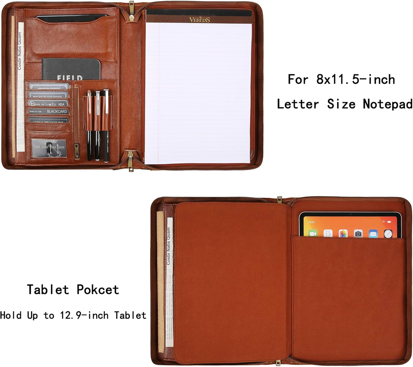 Handmade Genuine Leather Portfolio Organizer for IPad/Document, Business Padfolio with A4 Leather Notepad Holder, Leather Compact Folder Conference Portfolio for Men and Women, Oil-Brown