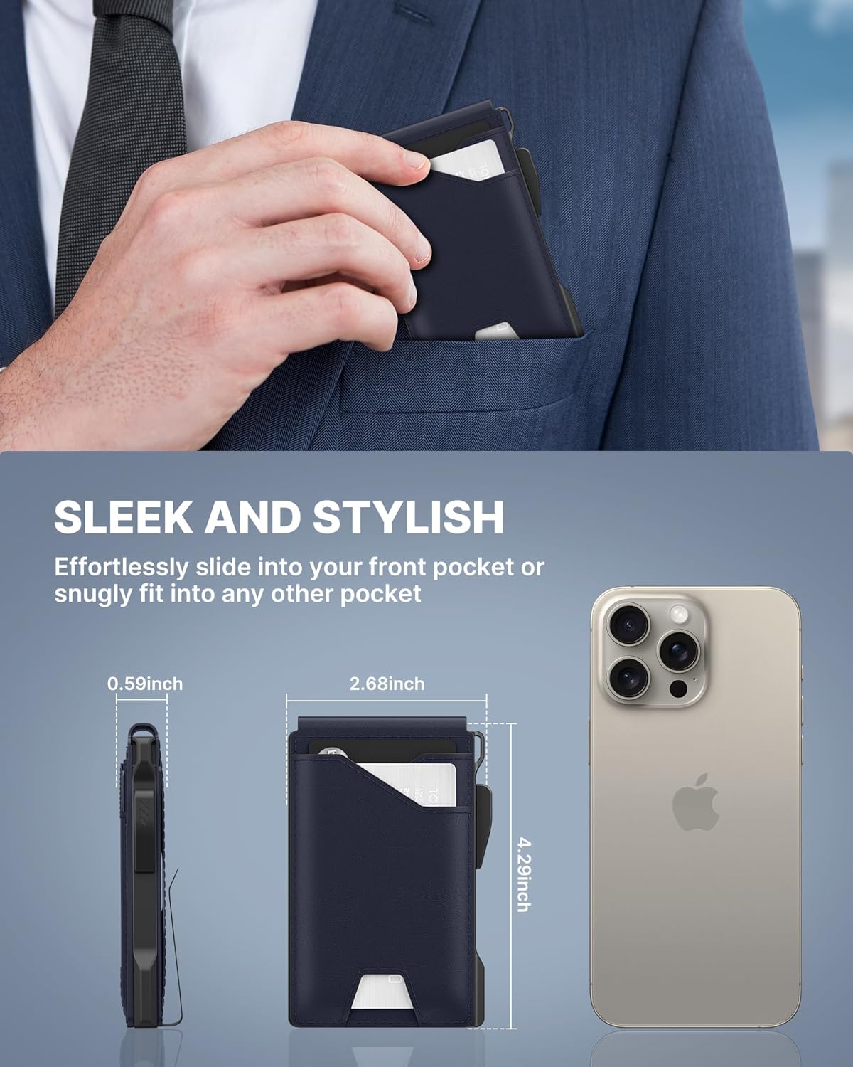 typecase Tactical Wallet for Men Card Holder: Pop Up Card Case, Genuine Leather, Smart, RFID Blocking, Slim, Minimalist, Thin, Front Pocket - 9-13 Card Capacitiy, ID Window, Money Clip (Navy)