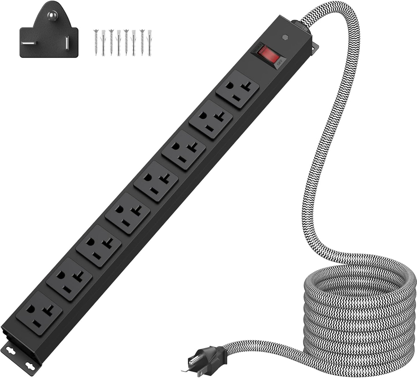 HEZI 20 Amp Power Strip Surge Protector 1200J, Metal 8 Outlets Heavy Duty 20amp, 15Ft 12 Gauge Extension Cord for Appliance Workbench Garage Industrial, Combine with T-Plug Adapter,5-20R T-Slot