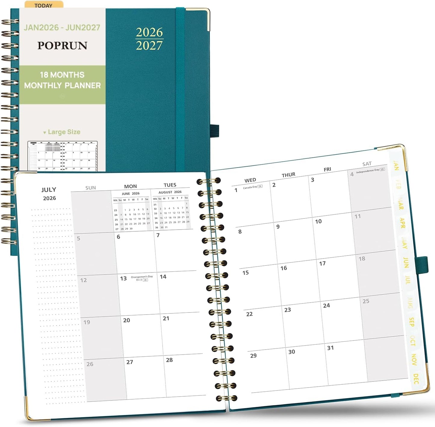 POPRUN Monthly Planner 2026-2027 Spiral Hardcover (8'' x 10''), 18 Months Calendar (Jan.2026-Jun.2027) - 2 Pages per Month with Dotted Note Pages, Sunday Start, Laminated Tab - Pacific Green