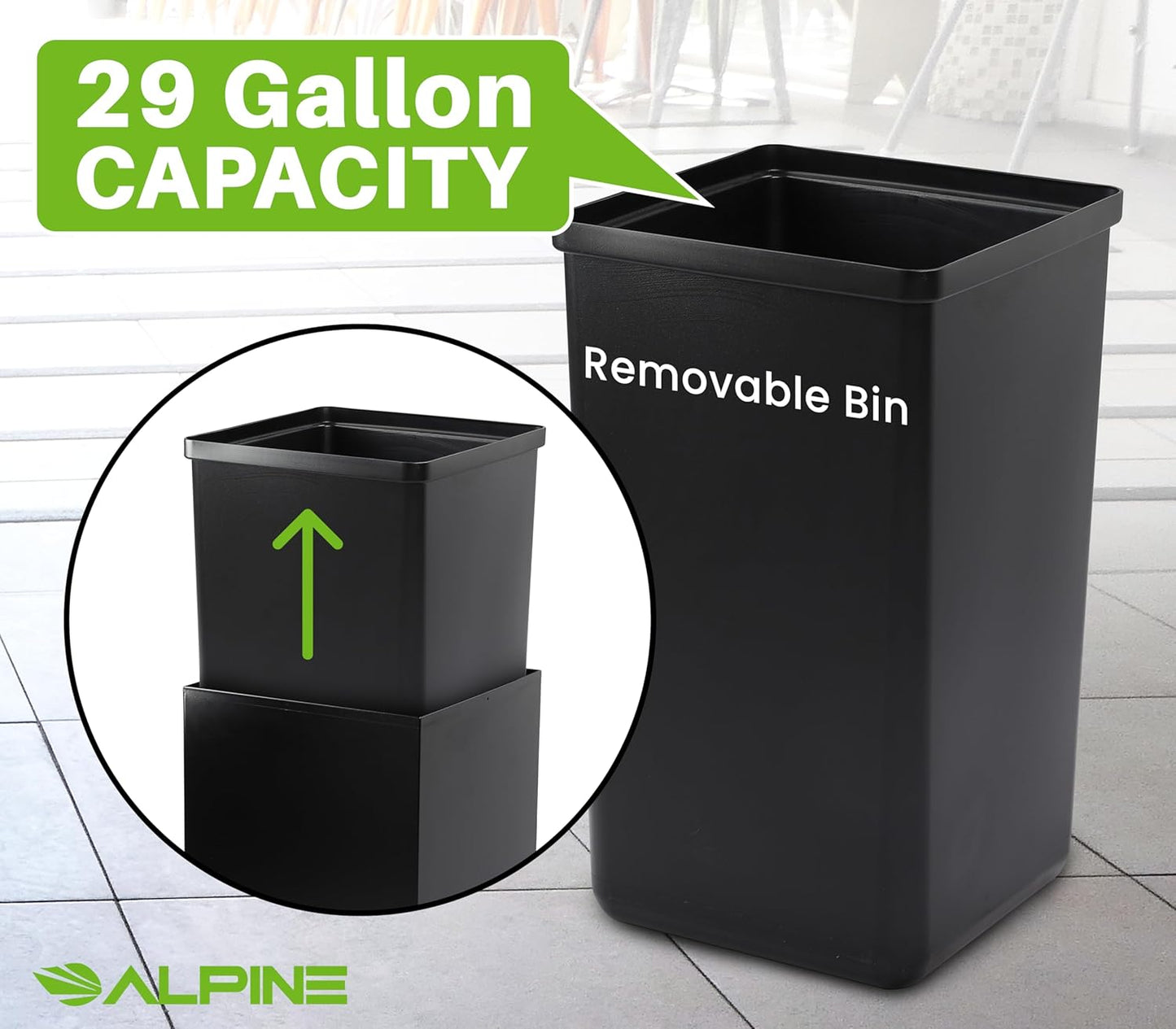 Alpine Commercial Indoor Recycle Bin - 29 Gallon Modern Looking Black Recycle Bin, Office Recycling Bins, Metal Trash and Recycling Container with Stickers & 3 Optional Lids (lid Sold Separately)