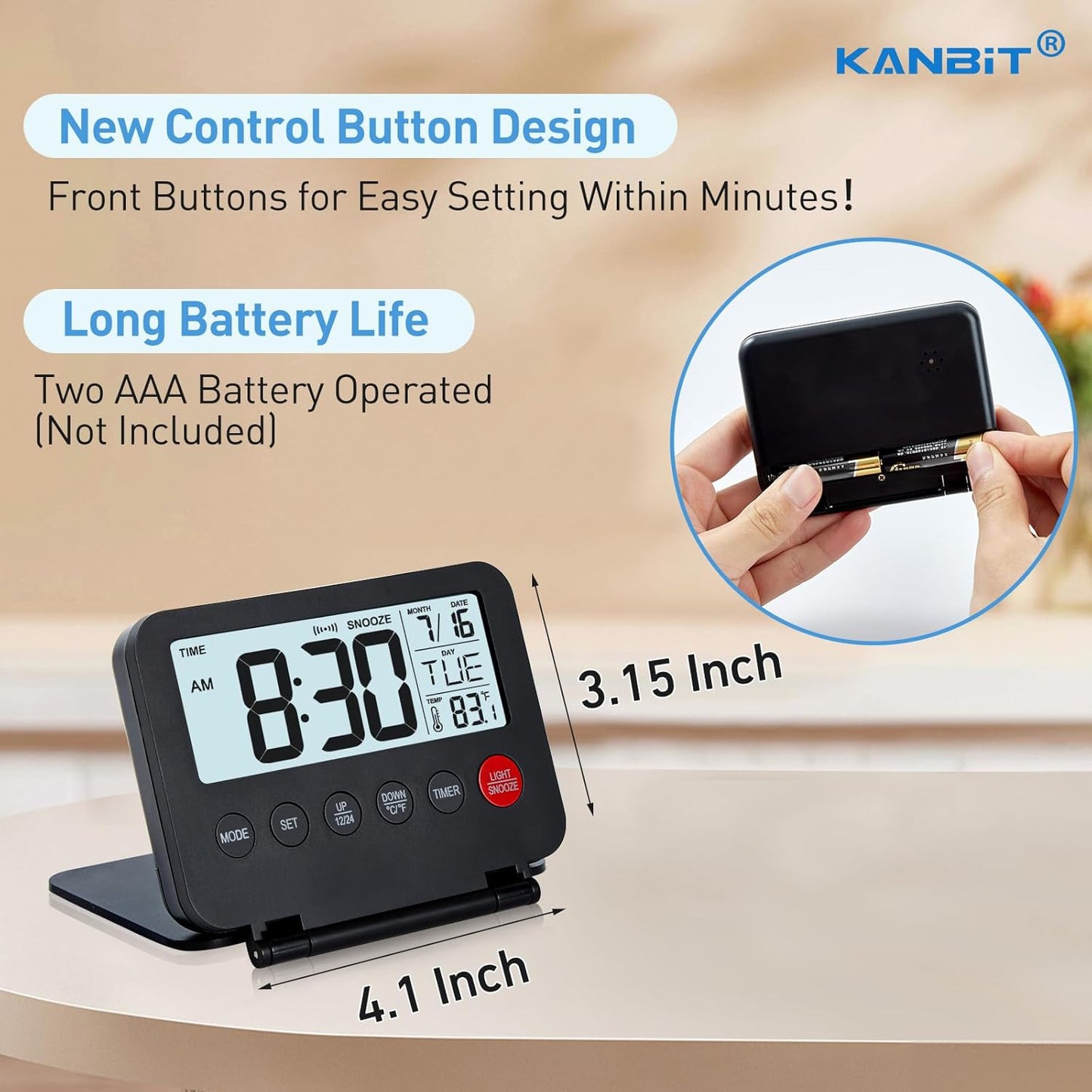 Small Digital Travel Alarm Clock, Large LCD Display Front Button with Date & Temperature, Snooze and 8 Seconds Backlight AAA Battery Operated Desk Clock for Home & Office, Black