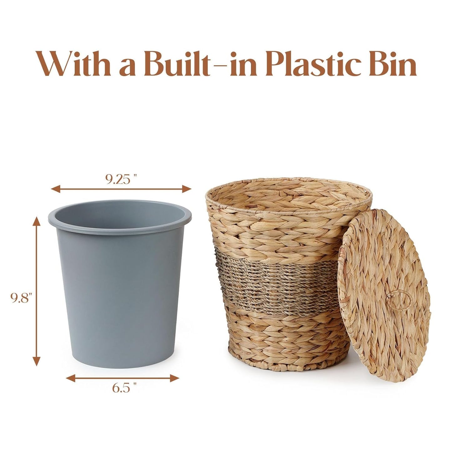 YANGQIHOME Wicker Trash Can with Lid - Water Hyacinth & Seagrass Garbage Can - Handwoven Wicker Waste Basket for Bathroom, Bedroom, Office, Living Room, Laundry Room - 3.8 Gallon