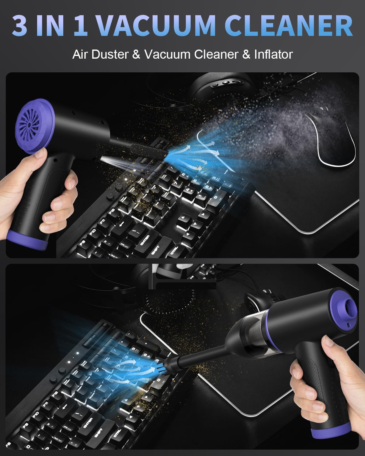 CLEVAST Compressed Air Duster - 3 Gear 110000RPM Electric Air Duster, 3 in 1 Versatile with LED - Cordless Dust Blower & Mini Vacuum & Inflating for PC, Computer, Keyboard, Rechargeable Canned Air
