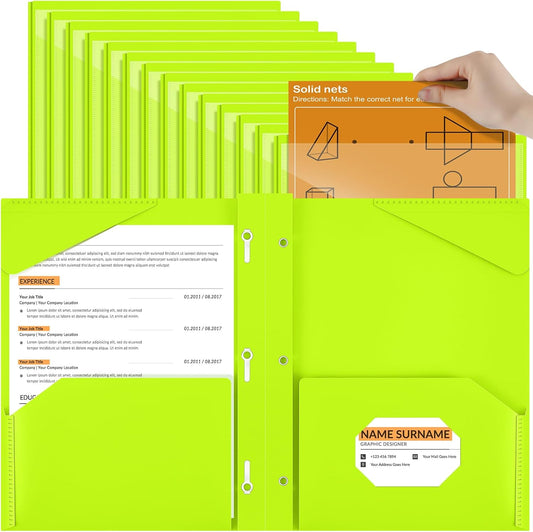 Henoyso 36 Pcs Plastic Folder with Clear Front Pocket and 3 Prong Plastic Folders with Card Slot Pocket Folders with Prongs for School Office (Fluorescent Green)