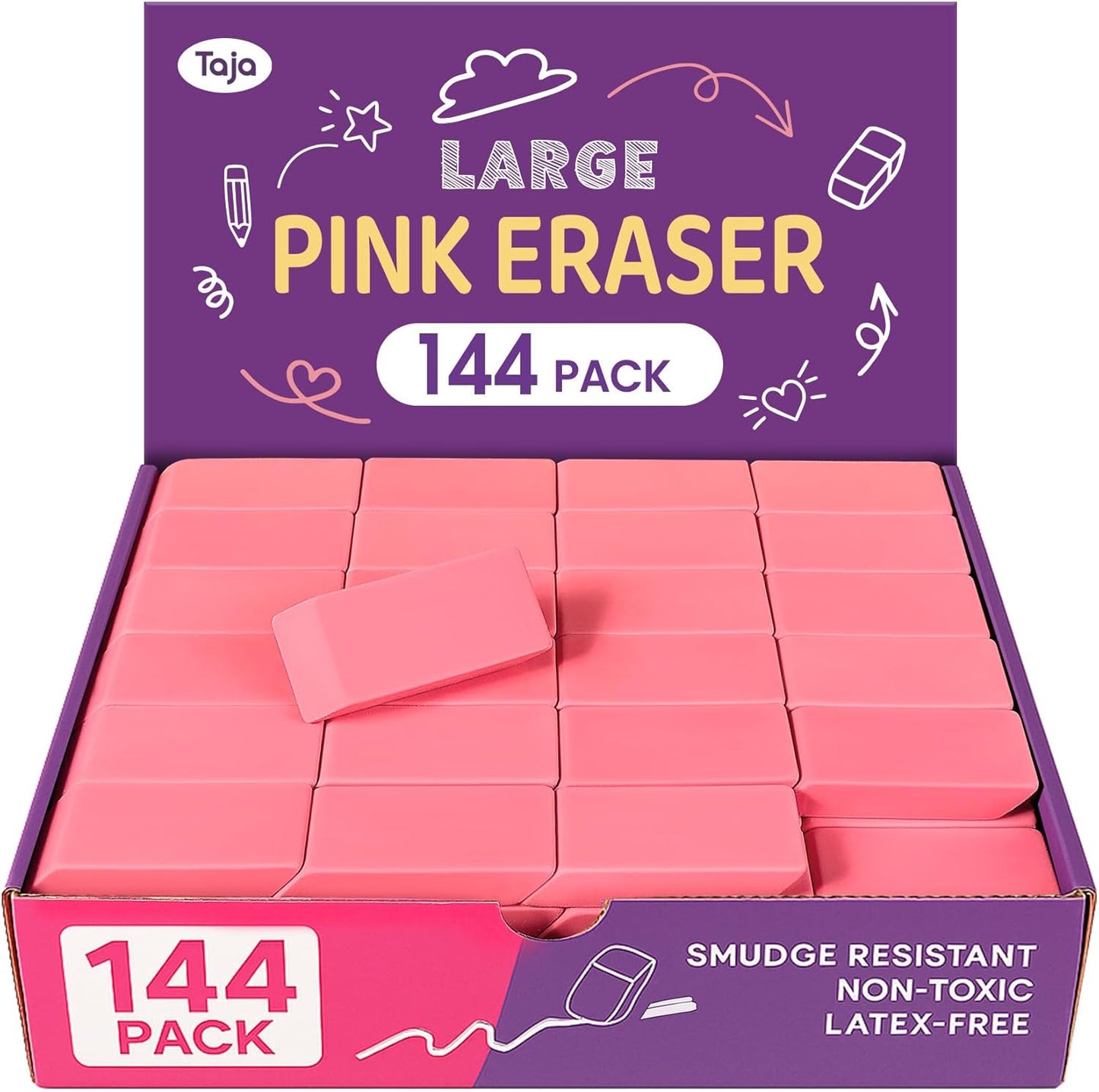 144 Pack Pink Erasers Bulk, Large Pencil Erasers for School, Classroom, Teacher, Homeschool, and Office Supplies