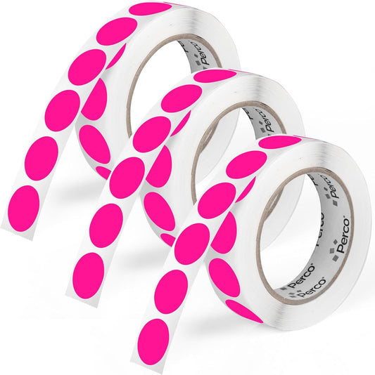 Perco Fluorescent Pink 1-Inch Round Circle Dot Sticker Labels - Multi-Roll Pack (3 Rolls, 1,000 Labels Each) - Permanent Adhesive, Vibrant Colors, Strong Hold - Perforated for Easy Use - Made in USA